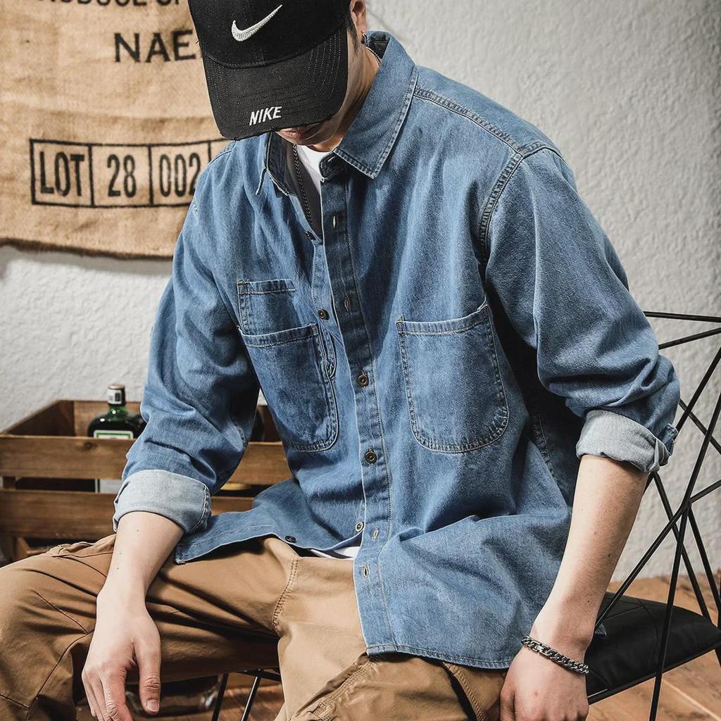 Мужская модная американская ретро-джинсовая рабочая куртка-рубашка с длинными рукавами