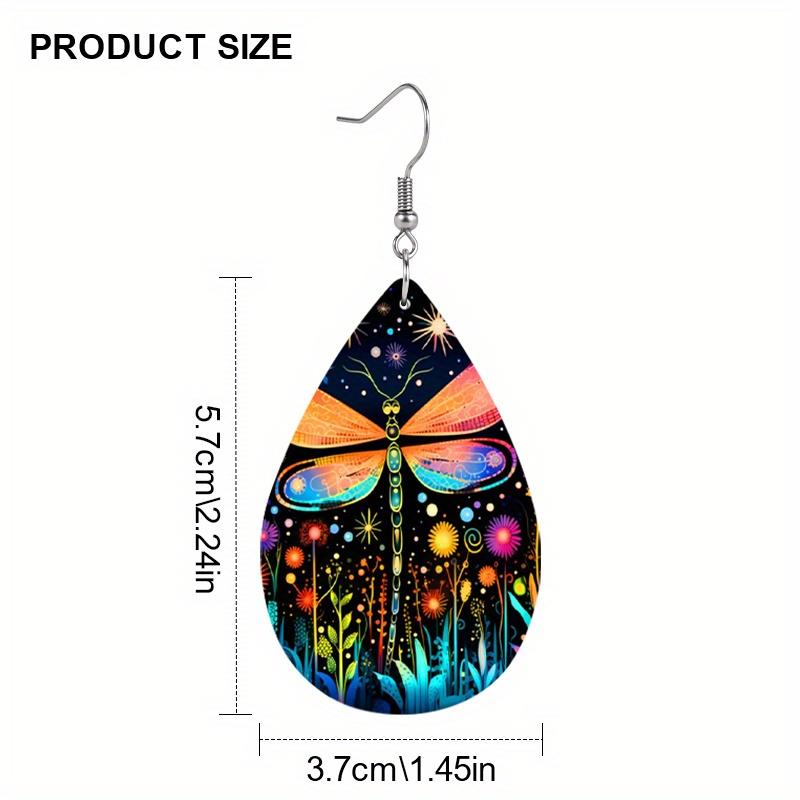 Starry Sky Flower Dragonfly Artificial Leather Earrings Spring Earrings Double-sided Printing Lightweight Earrings Teardrop Earrings