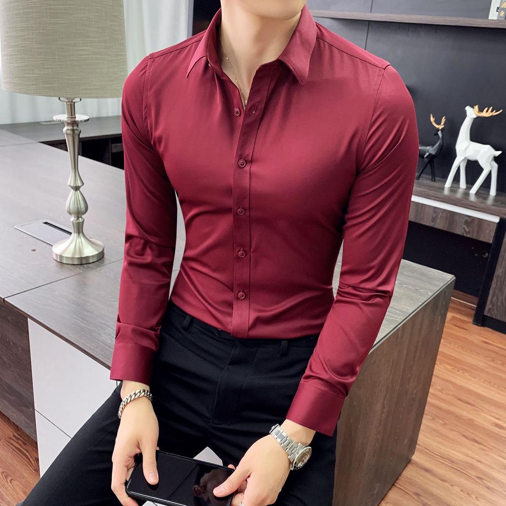 Men's Spring Long Sleeved Casual Fashion Slim Fit Bottom Shirt