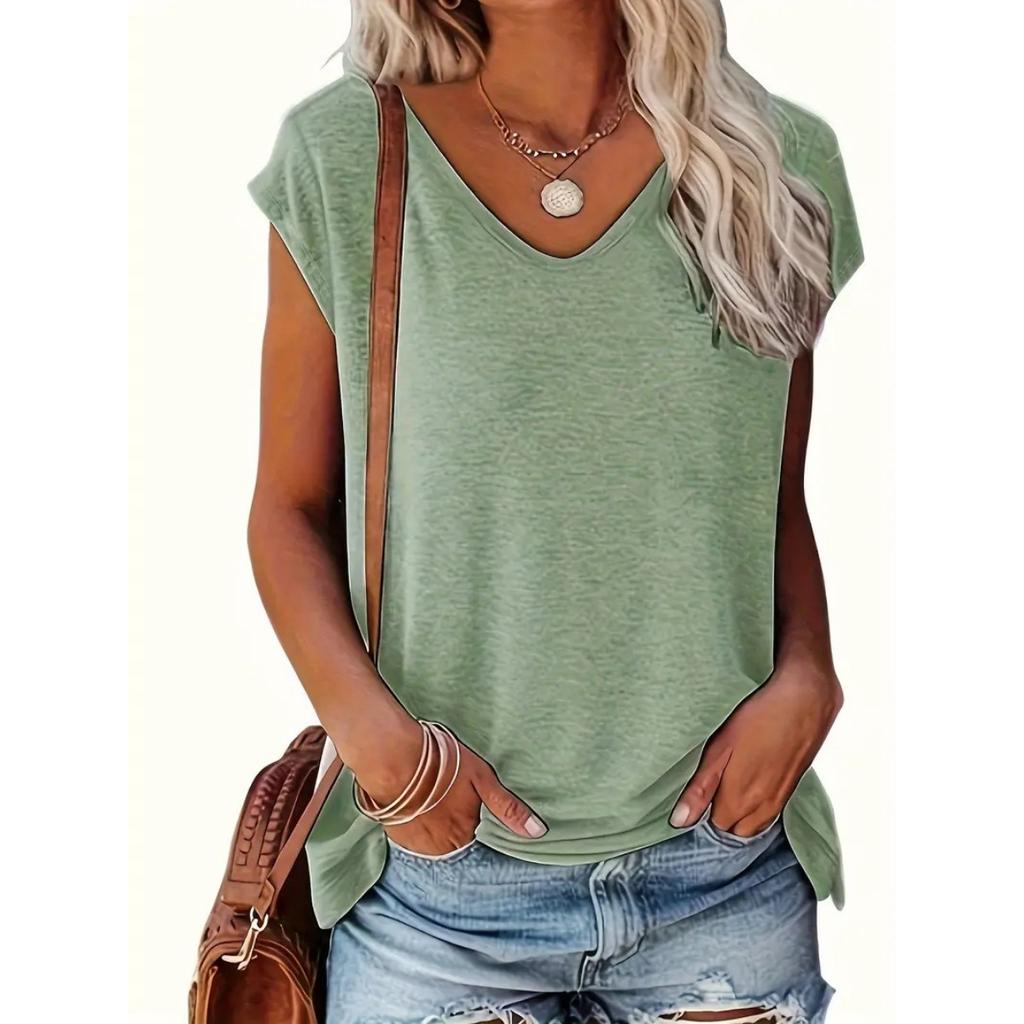 Spring Summer Women's Solid V-neck Short Sleeve T-shirt, Casual Fashion Top for Women, Crossborder European American Style