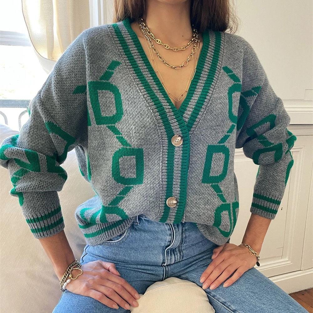 Women Autumn Winter Vintage Loose Long Sleeve Top Multicolor Cardigan Knitwear V-Neck Single Breasted Buckle Sweater Jacket