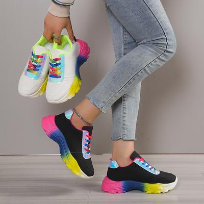Мода 2025 Толстая подошва Белые туфли Женские Летние Тонкие Кроссовки 2025 Новые Радужные Женские Маффин Плоская подошва Повседневная обувь
