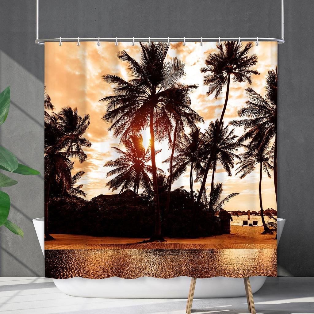 Shower Curtain Waterproof And Mildew-Proof Coconut Tree Beach Beach Bathroom Shower Curtain Shower Curtain Partition Curtain Free Punching