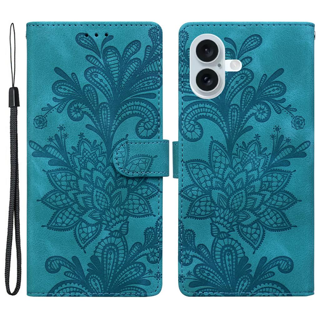 For iPhone 16 Case Imprinted Lace Flowers PU Leather Wallet Phone Cover - Green