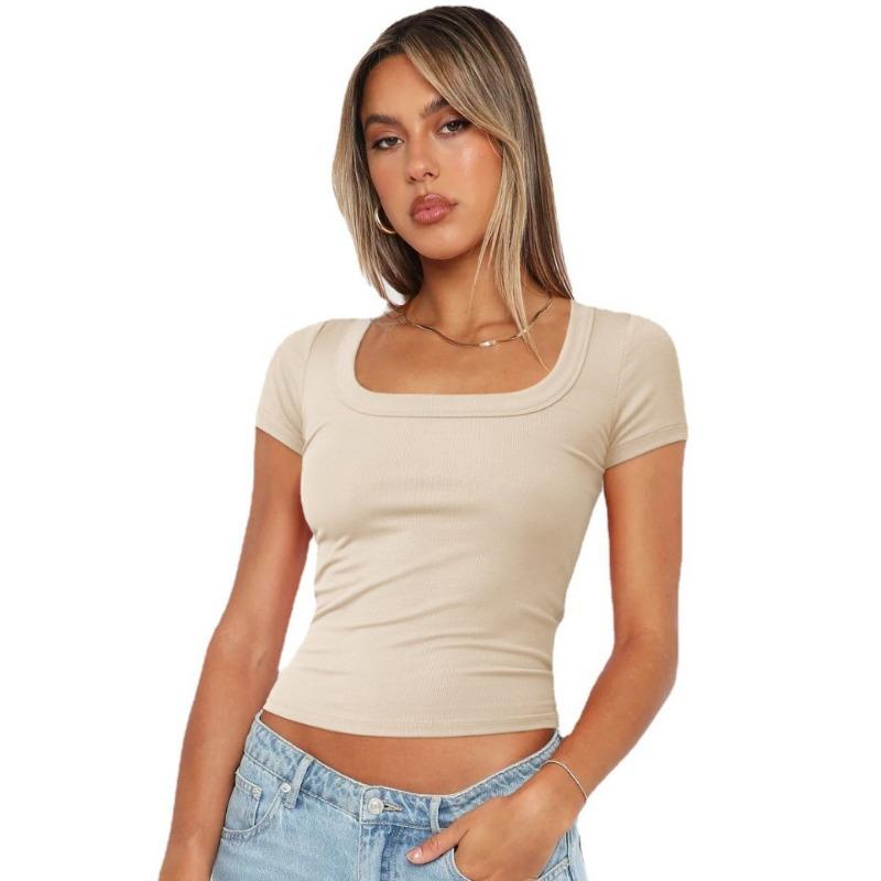 Y2K Summer Short Sleeve Slim Fit Crop T-shirts Women Fashion New Square Neck Elegant Casual T Shirts Tops Simple Office Ladies Base Tee Shirt 26505