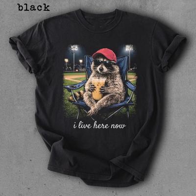 Raccoon I Live Here Now Shirt Raccoon Drinking Iced Coffee Shirt Unisex T-Shirt