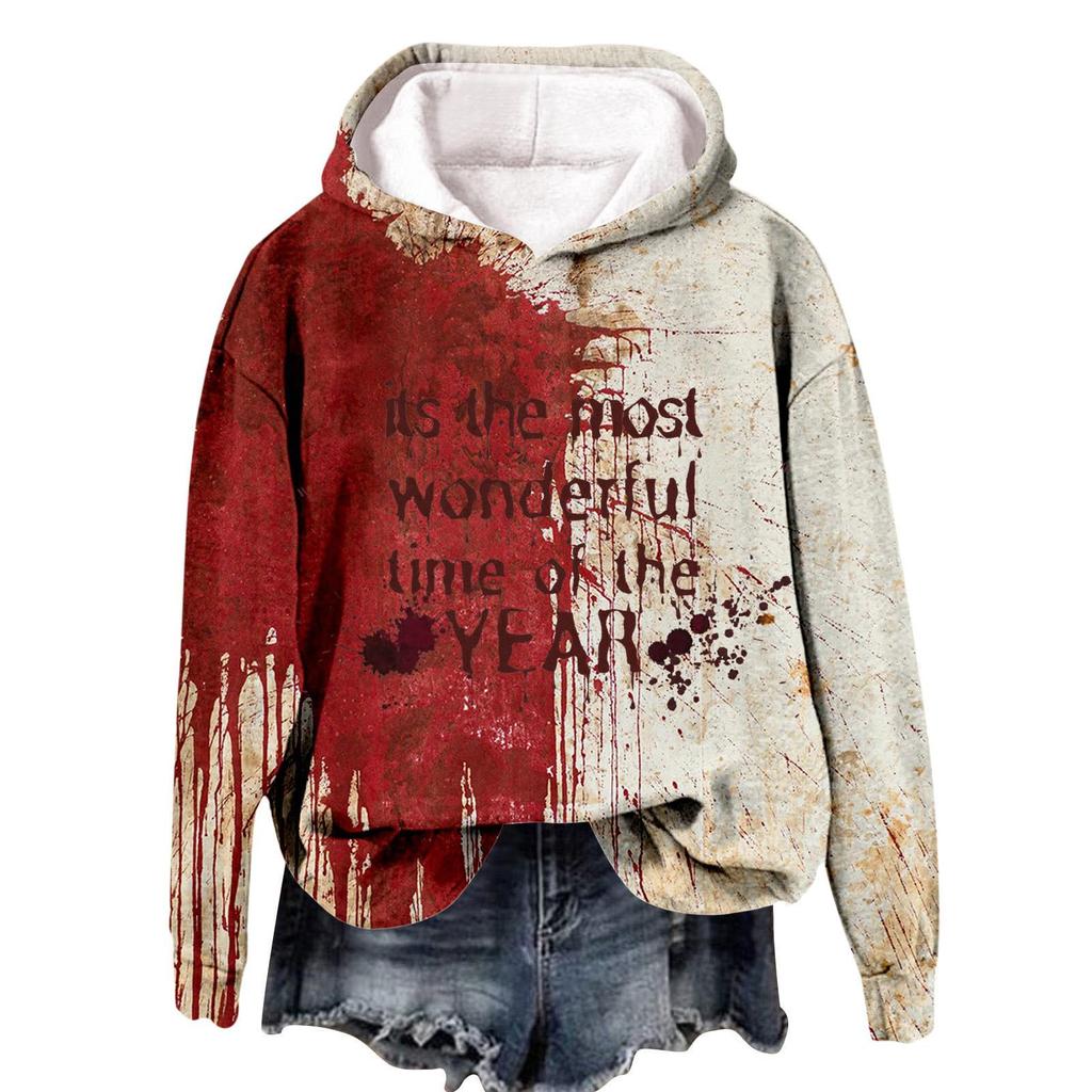 Women's 3D Bloody Letters Printed Long Sleeved Loose Hooded Sweatshirt New Halloween Ladies Casual Long Sleeved Pullover
