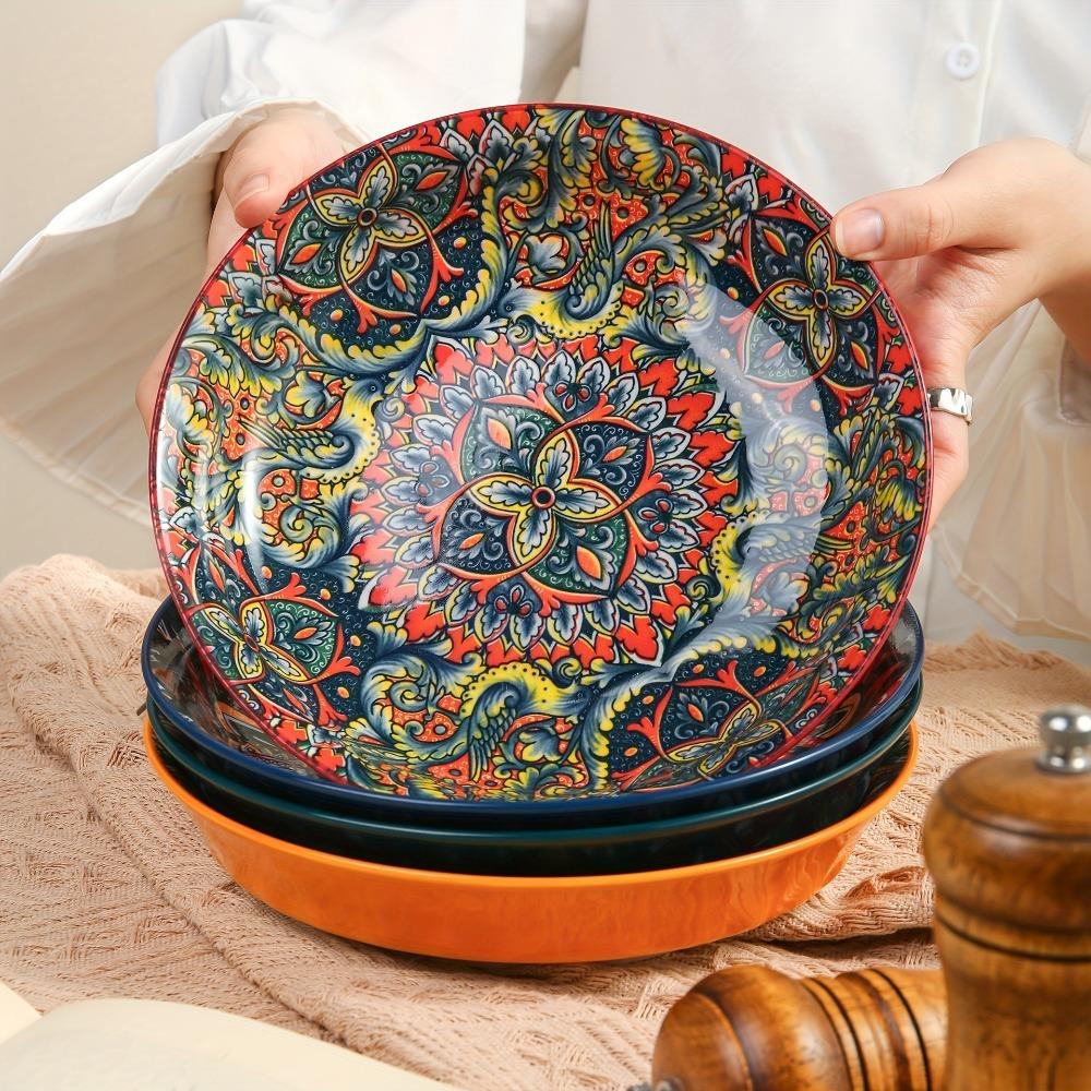 Round Bohemian Ceramic Plate Colorful Meal Dish Tableware Dinner Plate Housewarming Gift