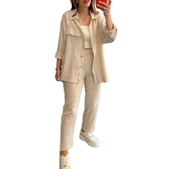 Летний костюм-двойка для женщин, рубашка оверсайз на пуговицах с длинным рукавом