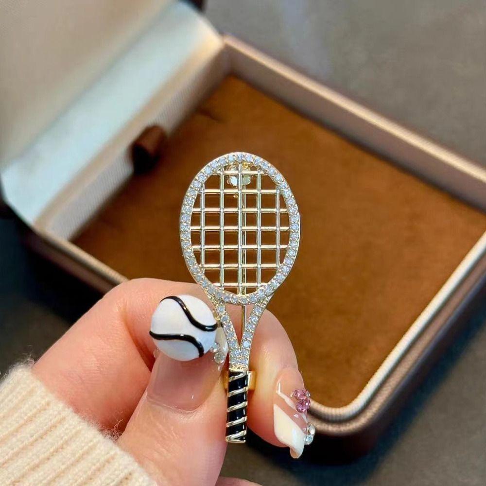 Zinc Zinc Alloy Enamel Metal Clothes Pin Rhinestone Gold Brooch Unique Tennis Racket Brooch  Daily