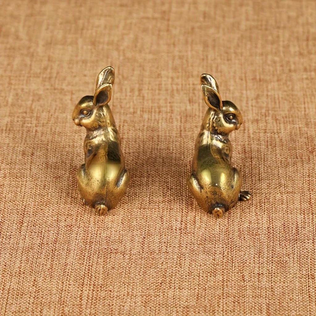 Pair of Antique Copper Zodiac Rabbit Tea Pets - Handcrafted Solid Brass Rabbits for Feng Shui & Home Decor, Vintage Tabletop Ornaments & Lucky Charms,