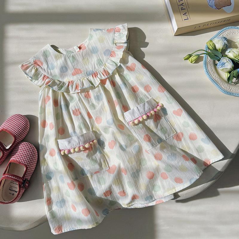 2024 летняя новая детская одежда, красочное платье в горошек для девочек, корейское платье с кукольным воротником и рюшами, детская юбка, милая