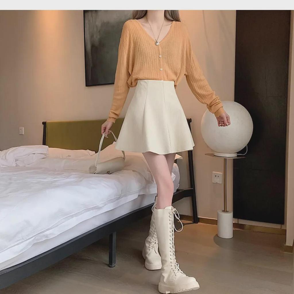 Женская вельветовая юбка А-силуэта с высокой талией и складками - Осень/Зима 2023 Корейский стиль