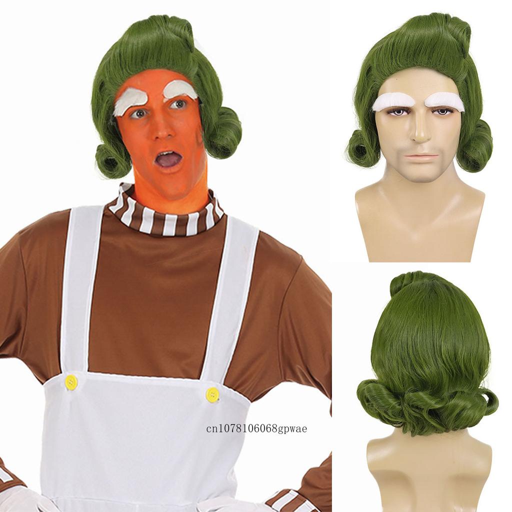 Cosplay Outfit Wigs Synthetic Hair Short Curly Green Wig with White Eyebrows for Men Chocolate Factory Costume Halloween Party