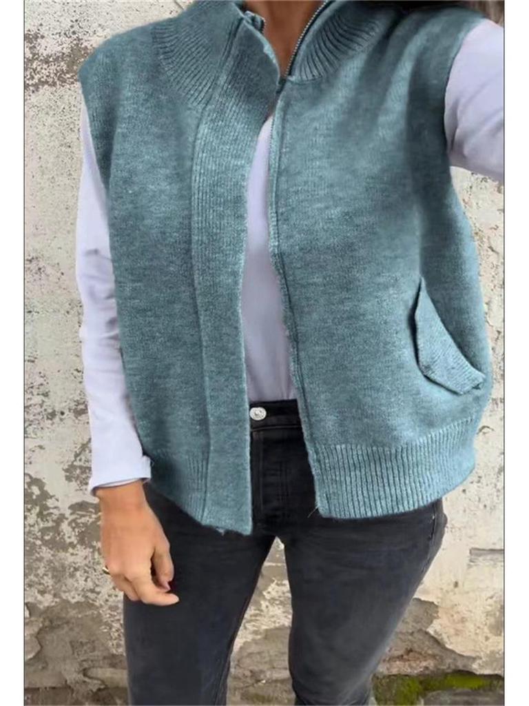 European and American Women's Autumn/Winter Stand Collar Zipper Sweater Vest - Loose Knit Casual Cardigan