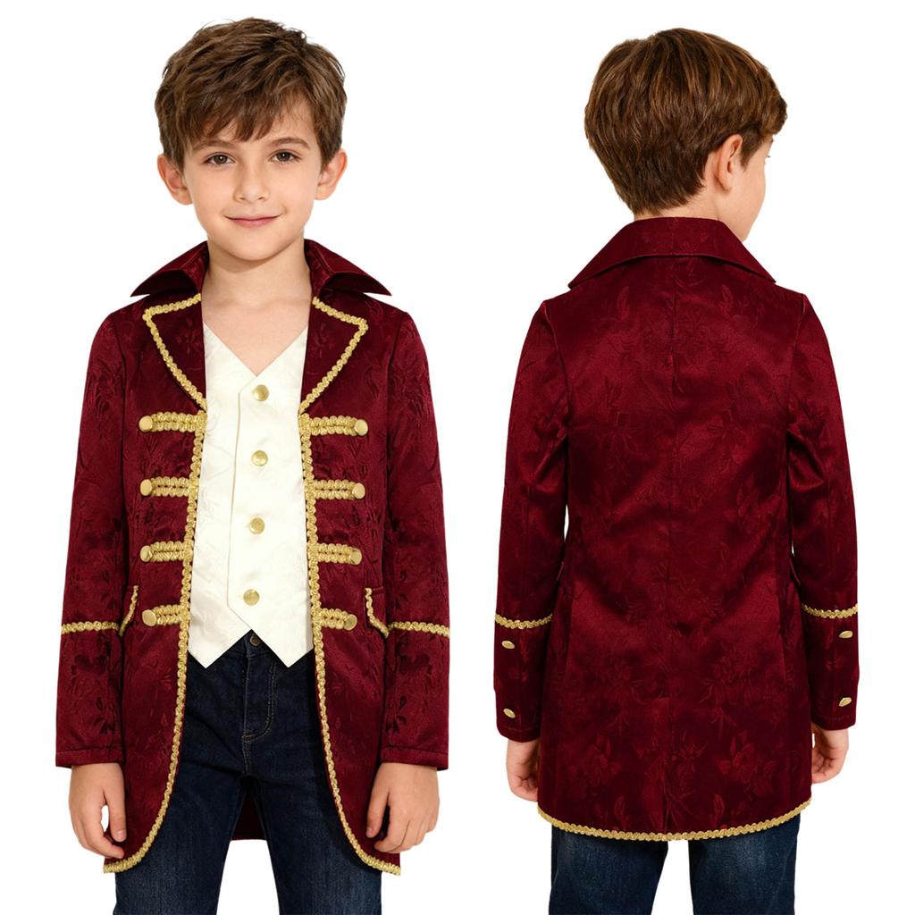 Boys Medieval Victorian Tailcoat Halloween Steampunk Gothic Uniform Coat Long Sleeves Gold Trimming Fake 2 in 1 Jacket Outwear