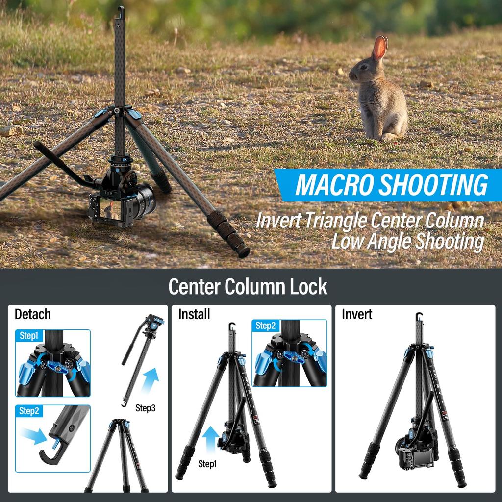 SIRUI AM124 Carbon Fiber Tripod with AM5V Video Compact Lightweight Travel Tripod for Triangular Center Load Capacity Lbs Head, Camera, DSLR, Pole,