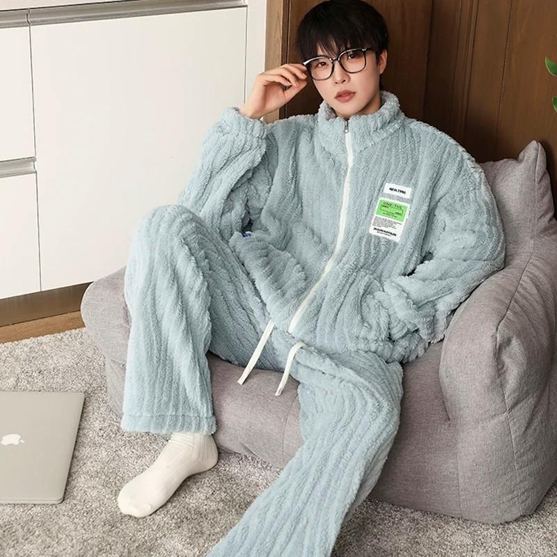 M-8XL Пижама больших размеров мужская зимняя коралловая флисовая толстая бархатная на молнии кардиган пижама однотонный теплый домашний костюм