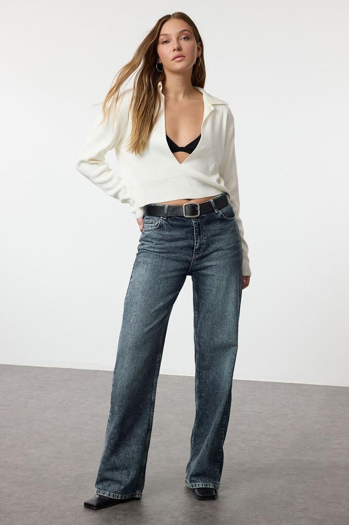 Women's Elegance Style Sweater Black Crop Polo Neck Fine Knitwear Sweater