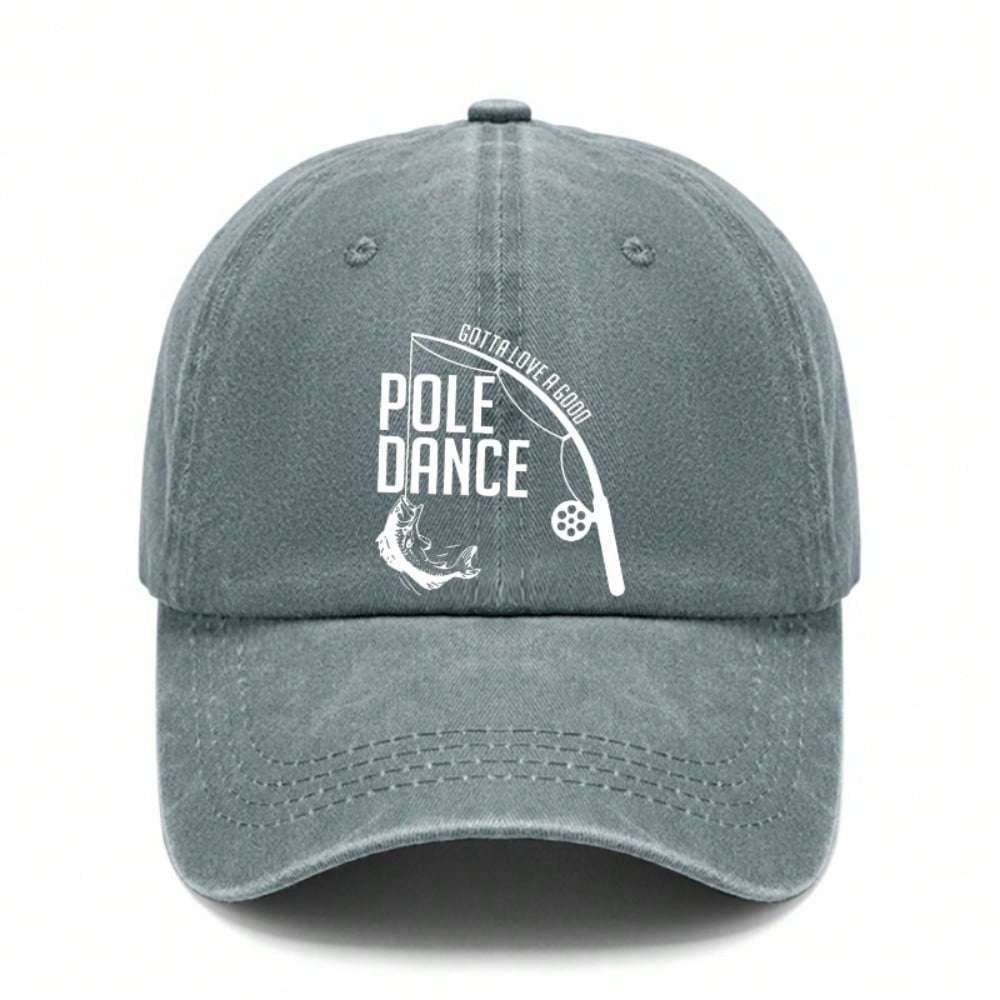 [Fishing Baseball Cap] Vintage Washed Unisex "POLE DANCE" Print Polyester Adjustable Curved Brim Hat, Casual Outdoor Sports Fisherman Daily Wear -