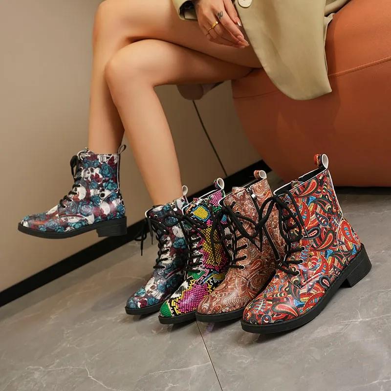 Обувь женская 2024 Новые женские ботинки с боковой молнией, осенние, с круглым носком, разноцветные, короткие, на низком каблуке, модные ботинки Zapatos Mujer