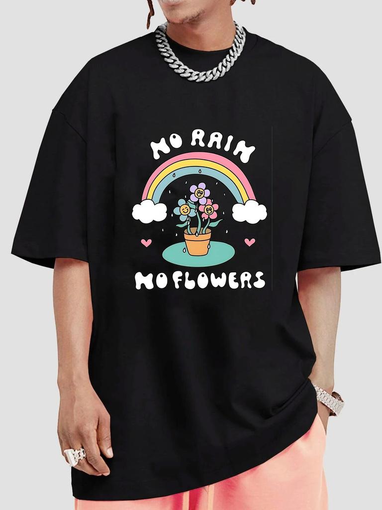 Футболка с надписью «No Rain No Flowers» для женщин, футболка с короткими рукавами, топы унисекс, хлопковые толстые футболки с объемными плечами