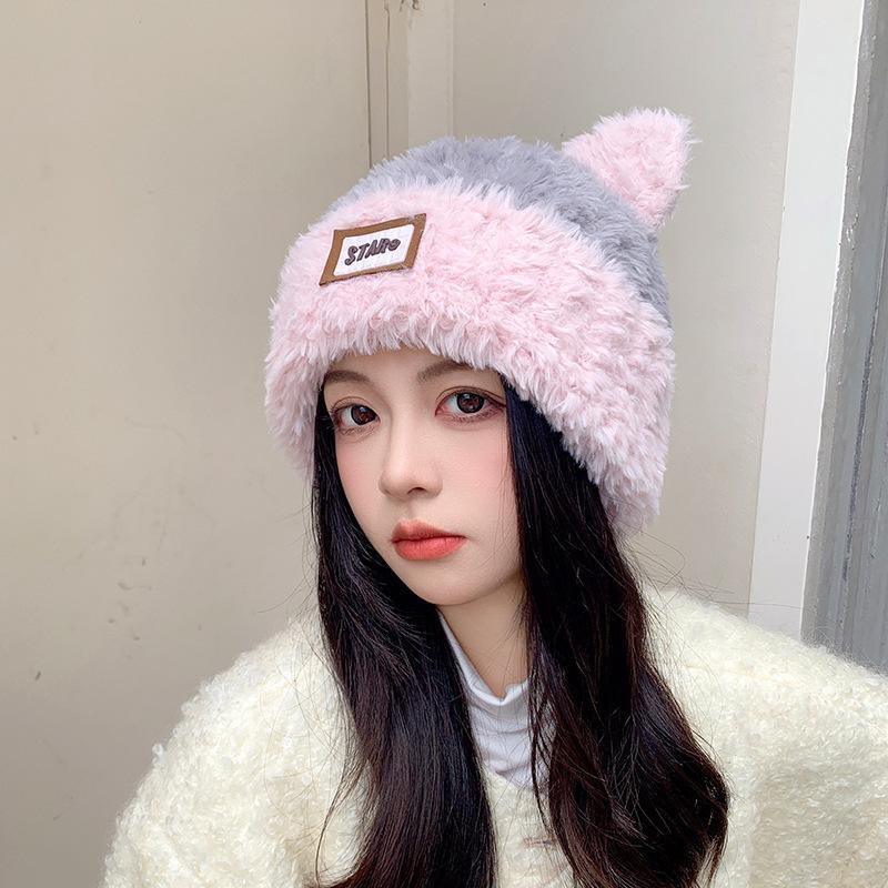Sweet and Cute Wool Hat Female Korean Version Versatile Patch Letter Winter Warm and Cold Ear Protection Wool Hat