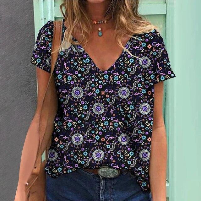 Женская футболка с v-образным вырезом, летняя модная женская одежда, топы с 3d винтажным принтом, повседневная одежда для девочек, женский пуловер большого размера