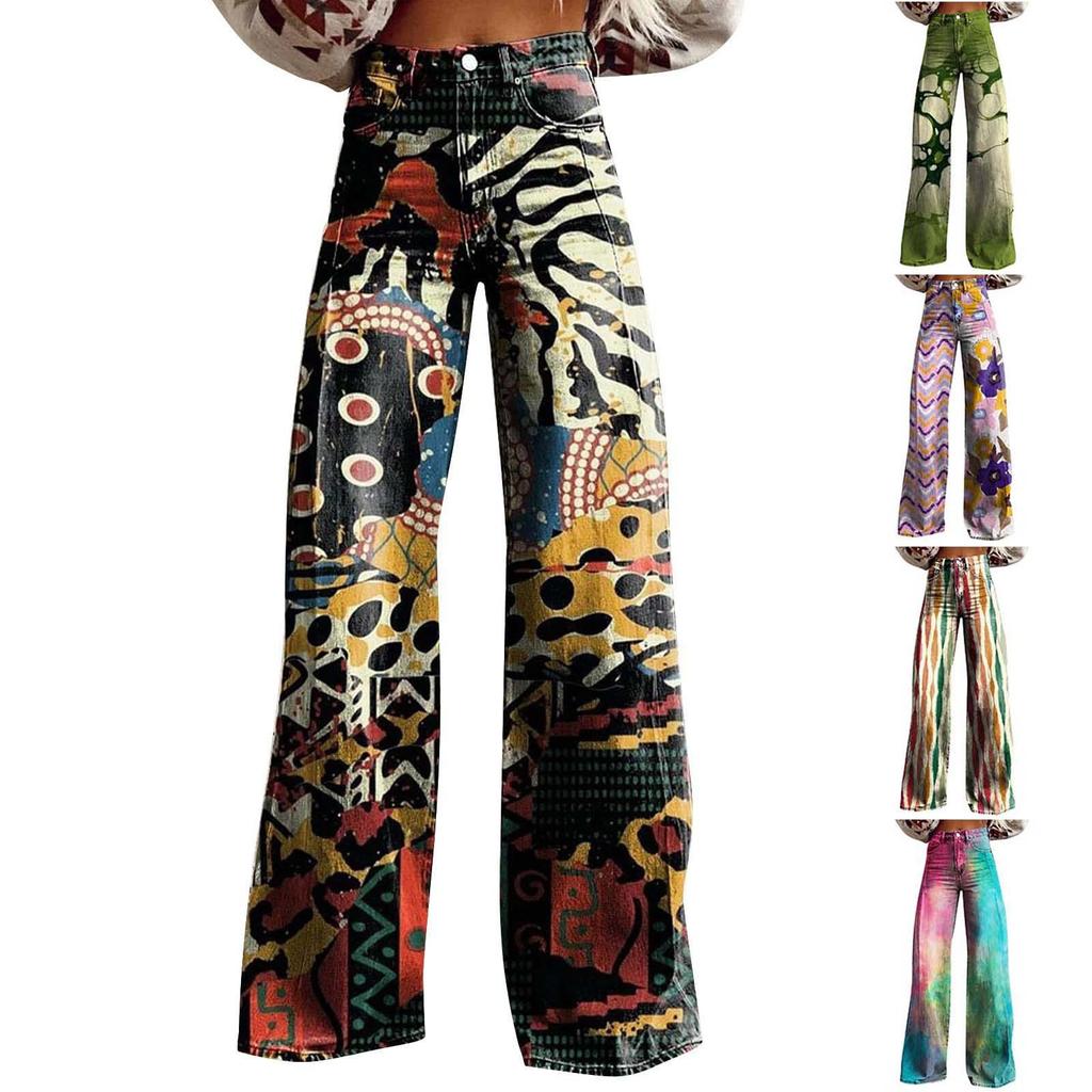 Wide Leg Flare Jeans For Women With Pockets Baggy Pants Vintage Floral Print High Waisted Loose Pant