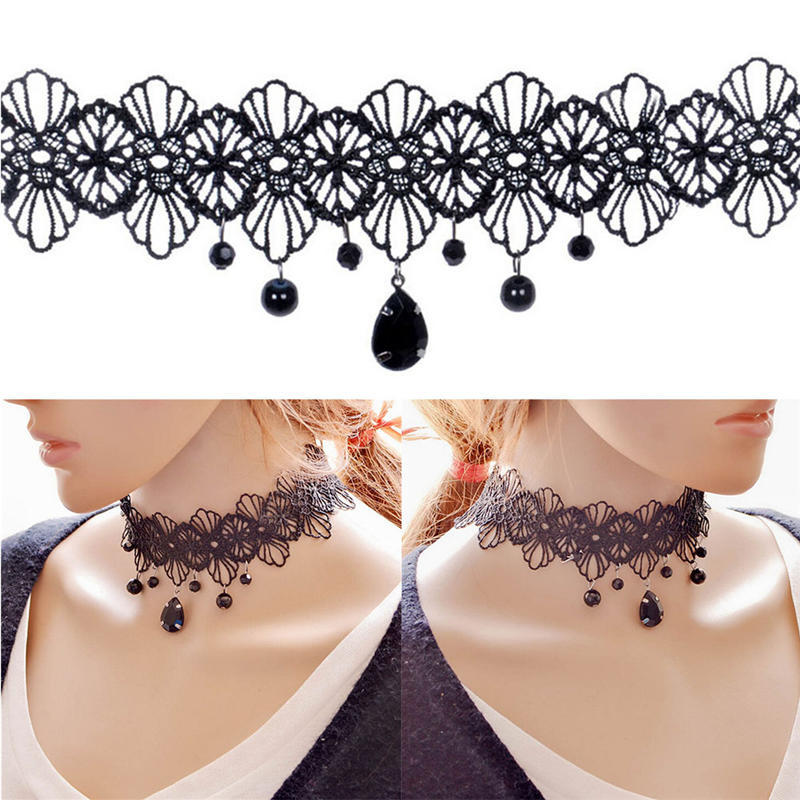 Fashion Gothic Black Lace Retro Choker Collar Flower Pendant Necklace Jewelry