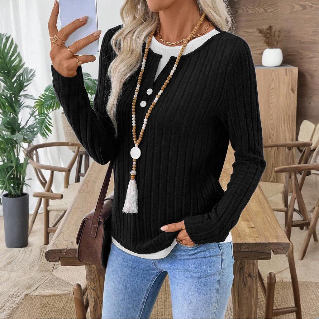 Женская модная однотонная футболка с длинным рукавом, круглым вырезом, имитацией двух частей, повседневный пуловер, топ