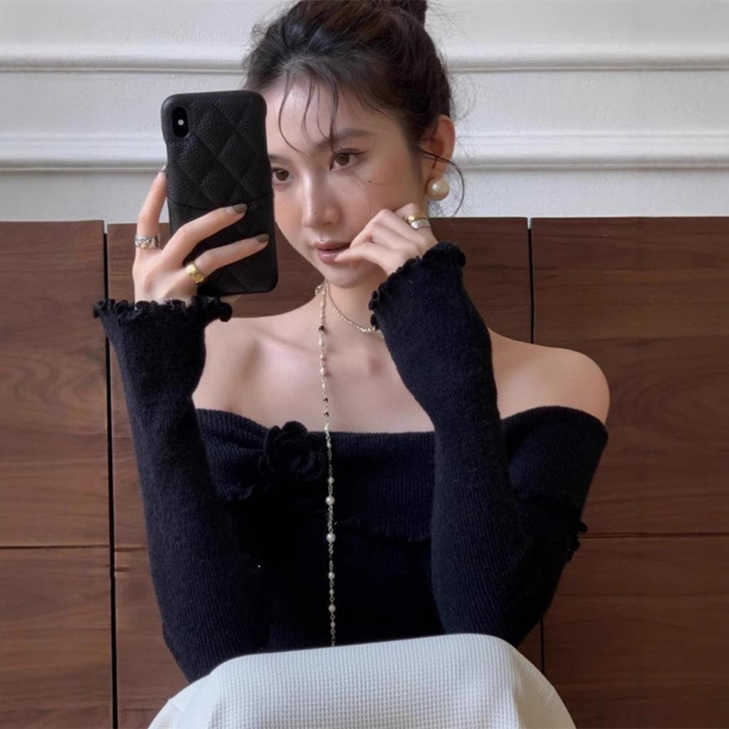 Autumn French Style Wooden Ear Edge Three-dimensional Flower One-line Shoulder Knitted Top Slim Sweater Base Blouse Woman