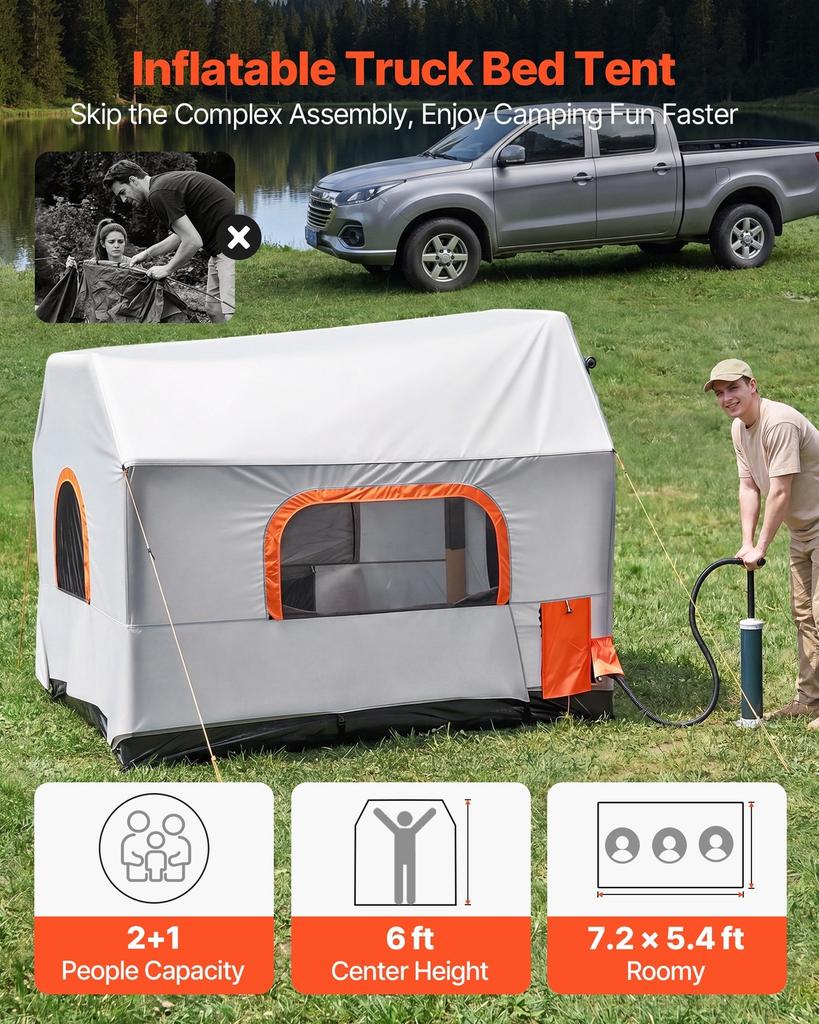 Inflatable Pickup Truck Tent, 2.2 x 1.65m 3-Season Truck Bed Tent with Ventilated Mesh Windows, PU2000mm Waterproof Pickup Camping Tents for Outdoor