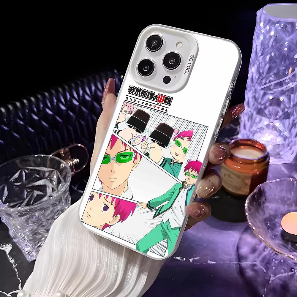 Чехол для телефона аниме S-Сайки Кусуо для iPhone 16 15 14 13 12 11 Pro Max Белый Матовый Лазерный Металлик Аврора Funda