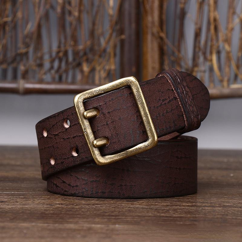 Ремень мужской в ​​корейском стиле, ретро, ​​потертый, модный, уникальный, с двойной иглой, латунная пряжка, натуральная кожа, джинсовый ремень из натуральной яловой кожи