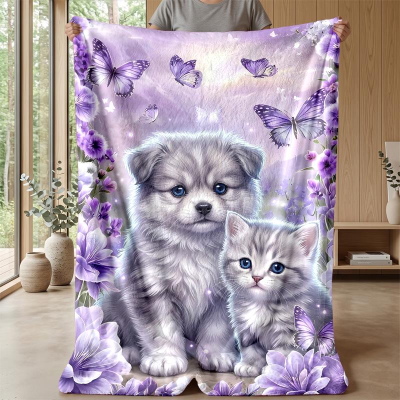 Butterflies Flowers Puppies Kittens blanket Personalized Name Flannel Blanket Soft Cozy Plush Throw for Sofa Bed Lightweight Home Decor