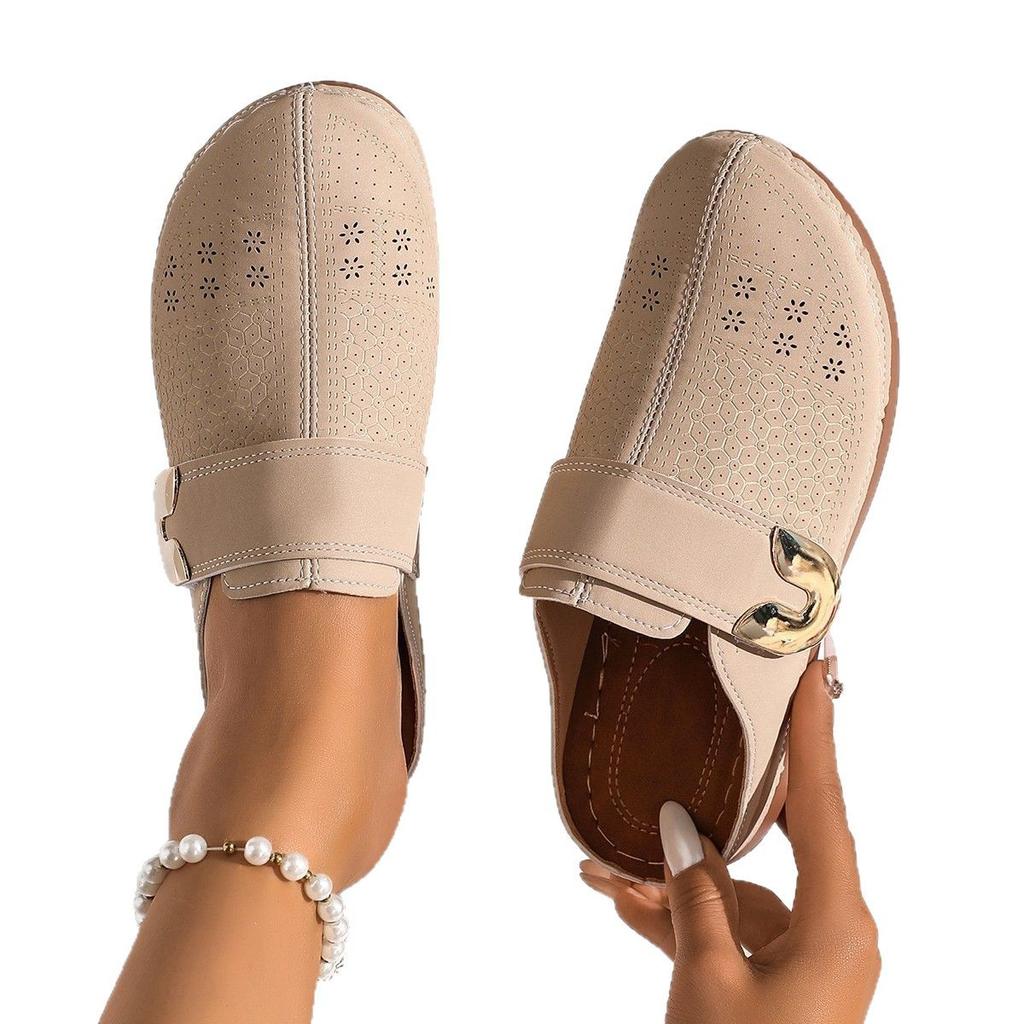 Large Size Bag Head Flat Bottom Casual Half Slippers Women's New Solid Color Wedge Metal Buckle Beach Slippers