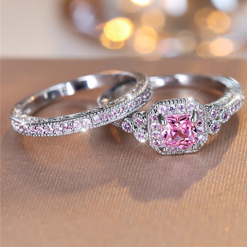 Модный серебристый цвет, набор колец с розовым камнем принцессы, роскошное обручальное кольцо с любовью, винтажный свадебный комплект ювелирных изделий