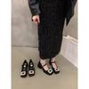 Thick Heel High Heels Retro Square Head Rhinestone Mary Jane Small Leather Shoes Women's Shoes Spring Autumn Winter Black Single Shoes