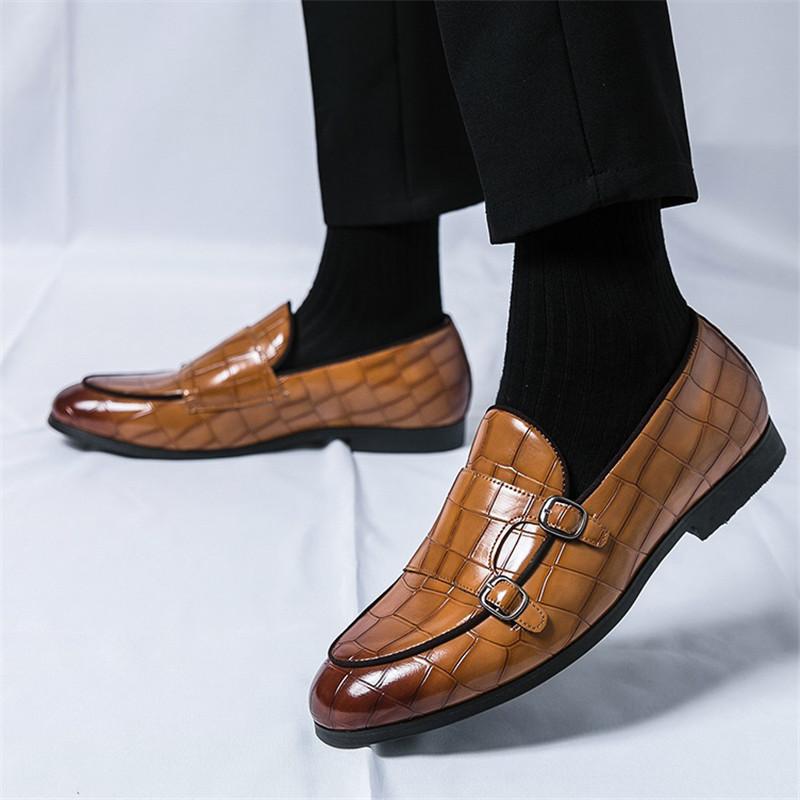 Britain Men Pointed Double Buckle Monk Strap Flats Leather Shoes Casual Loafers Formal Dress Footwear Sapatos Tenis Masculino