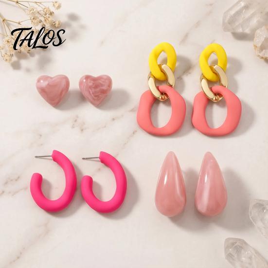 C Shaped Fashion Earring Studs 4 Pairs Chunky Statement Earrings for Women, Geometric Hollow Chain, C-shape Pastel Color Hoop, Heart, Teardrop