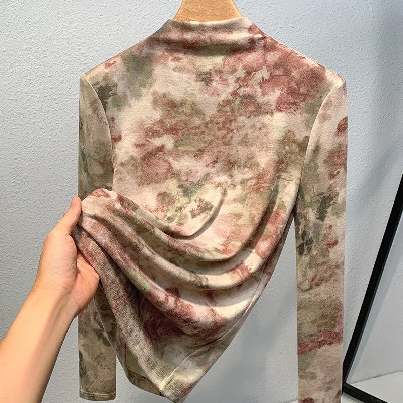 Semi-turtleneck Bottoming Shirt Women's Printed Long-sleeved T-shirt with Waist and Inner Temperament Top