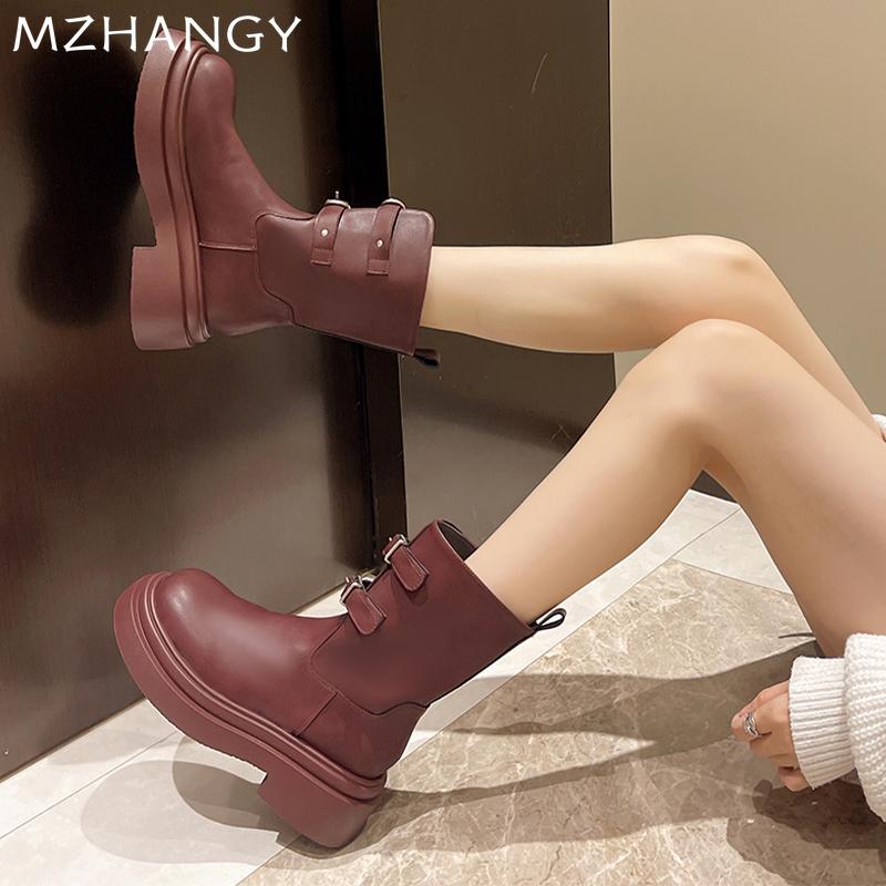 Модные женские зимние сапоги на платформе до середины голени, кожаные туфли на плоской подошве, женские модные ботинки челси 2024 года, новые зимние мотоциклетные ботинки Mujer