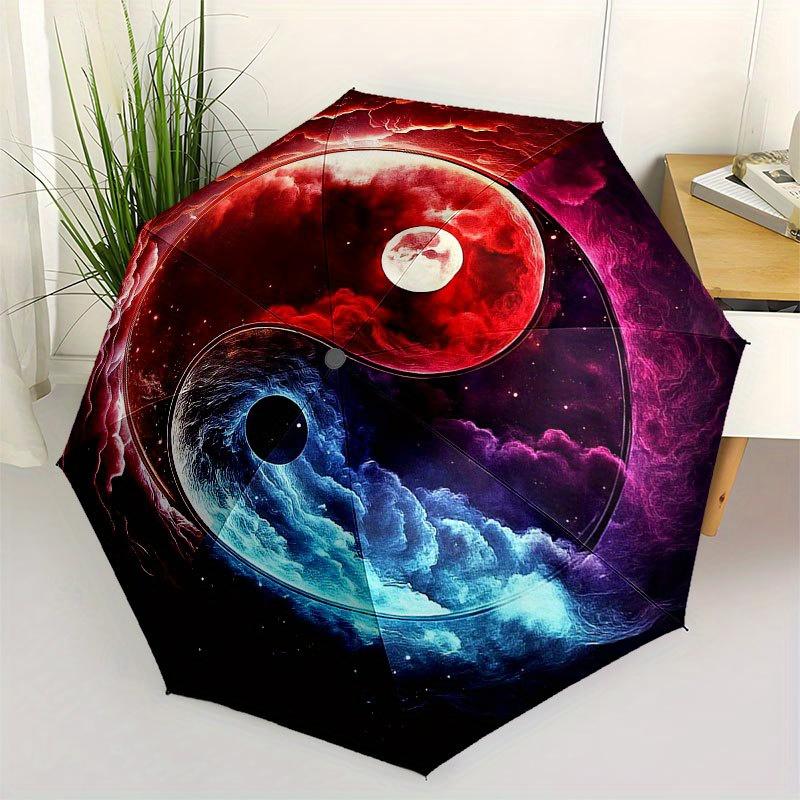 Yin Yang Cosmic Balance: Celestial Harmony Design Umbrella, Cute Umbrella with Cute Design, Portable 3-Fold Compact Umbrella for Men & Women, Valentin