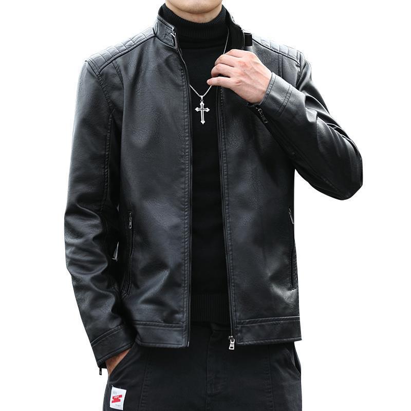 Мужская кожаная куртка Весна и осень Куртка-локомотив Воротник-стойка Мужская верхняя модная короткая кожаная куртка Бархатная кожаная куртка