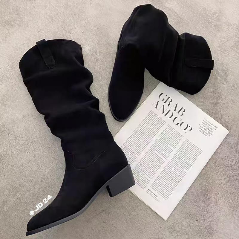 Заостренный носок женские высокие сапоги замшевые зимние туфли на среднем каблуке дизайнерская обувь 2025 тренд массивные туфли-лодочки до колена классические челси Botas Mujer