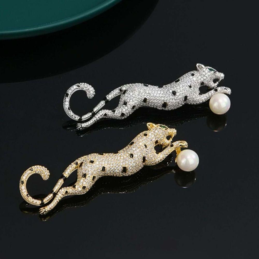 Full Rhinestone Leopard Brooches Gold Silver Leopard Brooch Pins Animal Brooches  Business Suit
