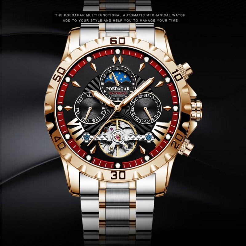 Новый стиль дизайна, импортные механические часы с автоматическим механизмом, мужские часы с шармом и доминированием с фазой солнца и луны, скелетонизированный маховик, мужские часы