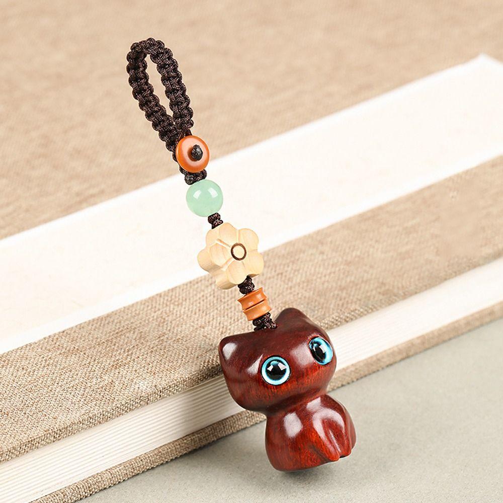 Chinese Style Pendant Mobile Phone Ring Sandalwood Key Chain Lucky Cat Pendant Key Chain Strap