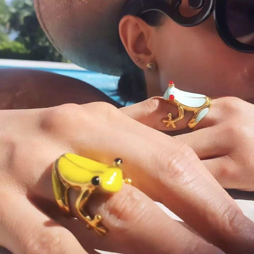 Korean Style Frog Drip Oil Ring Geometric Enamel Ring Creative Painting Ring Gift